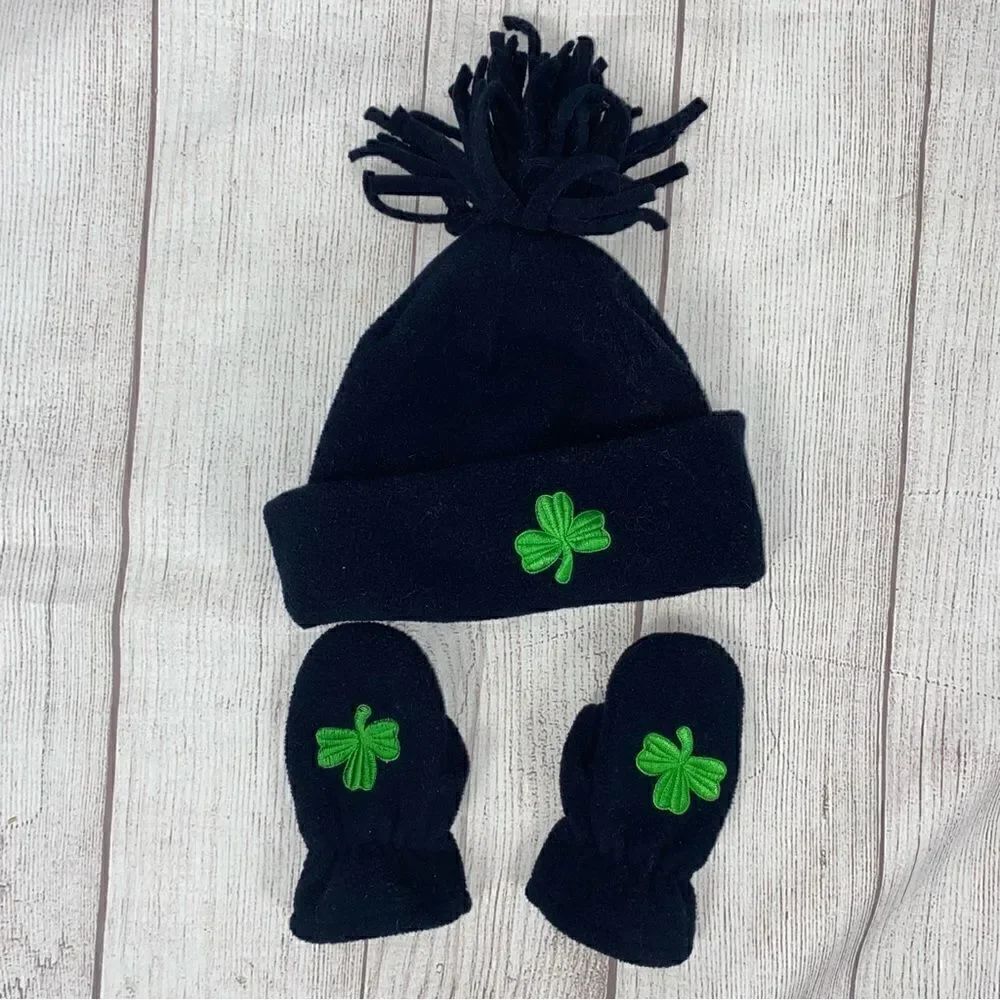 Toddler/baby shamrock fleece winter hat & mittens navy blue one size